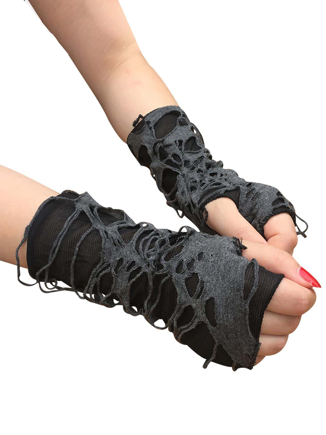 1pair Women Ripped Punk Fingerless Gloves For Daily Life Halloween Costume Halloween