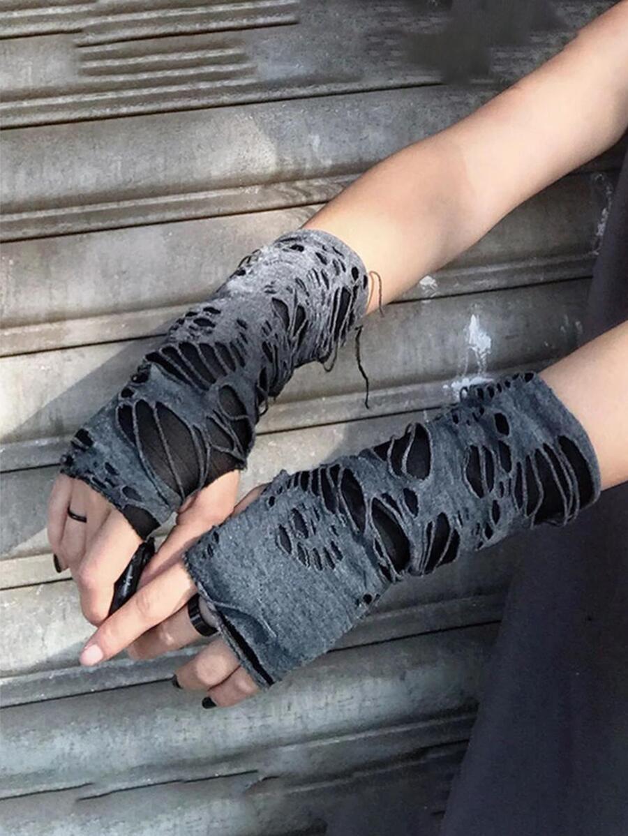 1pair Women Ripped Punk Fingerless Gloves For Daily Life Halloween Costume Halloween