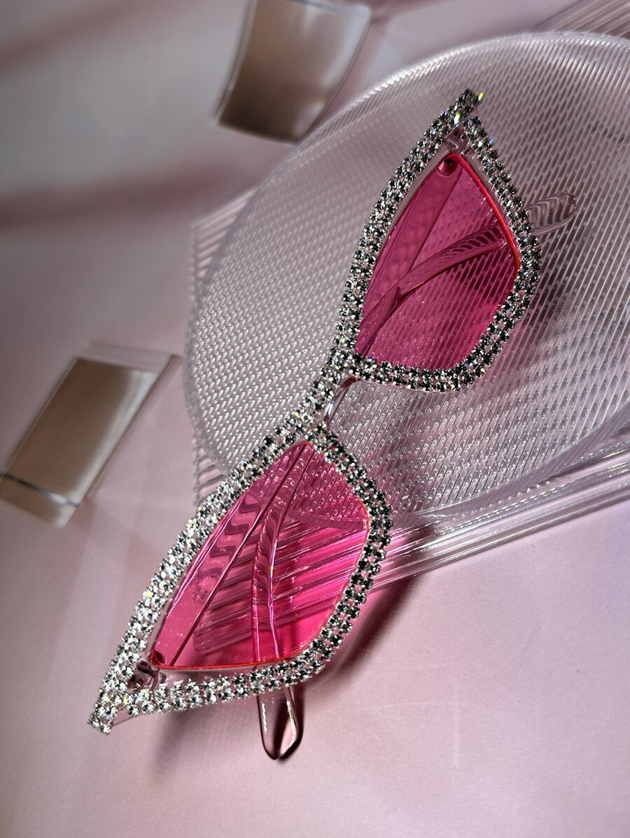 2pcs/Set Women's Crystal Embellished Pink Frame Y2K Luxury Party Catseye Glasses, Comes With Cleaning Cloth, For Beach, Party, Wedding; Also Available In Black & White Bridal Glasses Halloween Valentines For Summer Beach Vacation,Outd