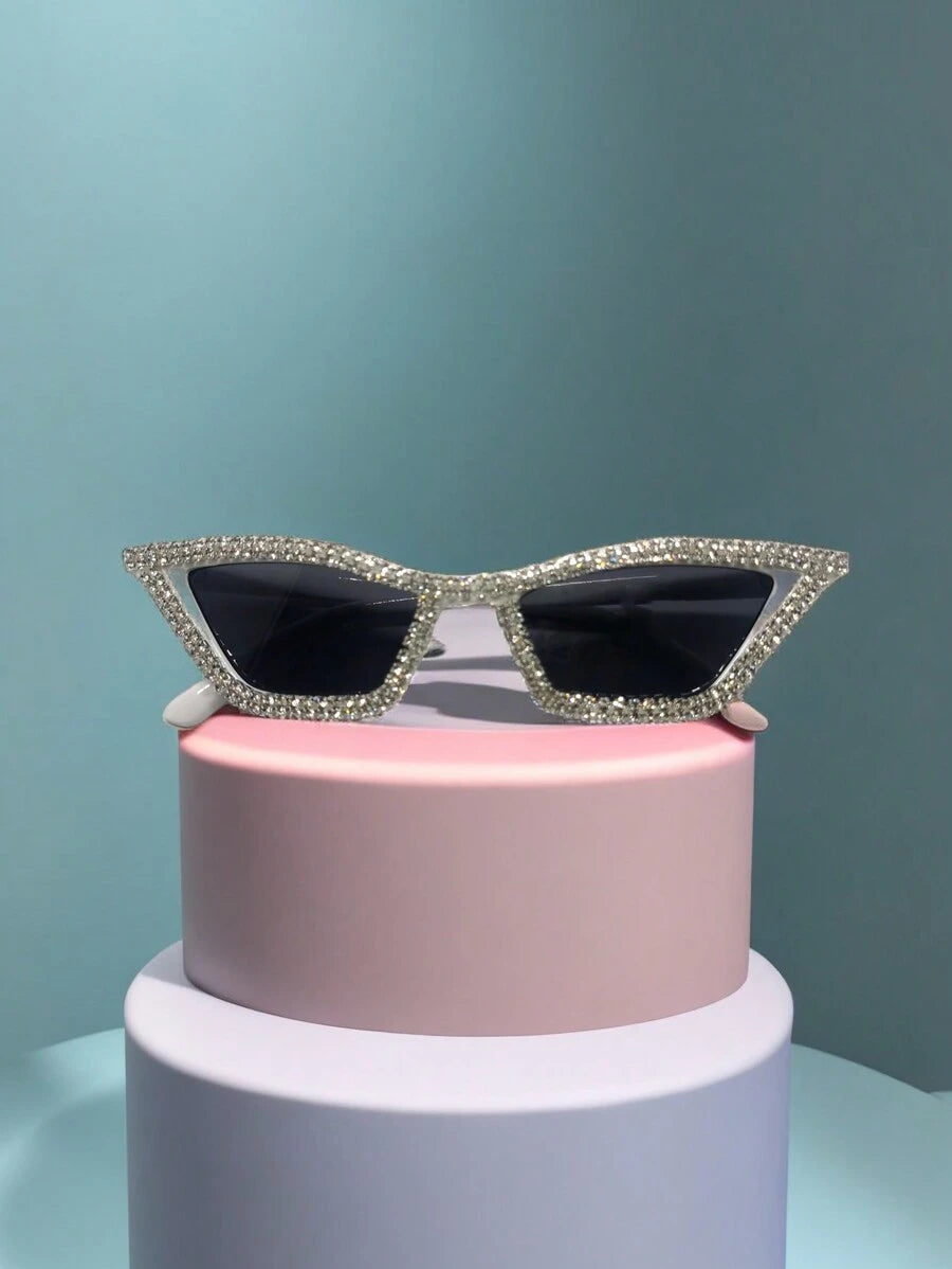 2pcs/Set Women's Crystal Embellished Pink Frame Y2K Luxury Party Catseye Glasses, Comes With Cleaning Cloth, For Beach, Party, Wedding; Also Available In Black & White Bridal Glasses Halloween Valentines For Summer Beach Vacation,Outd