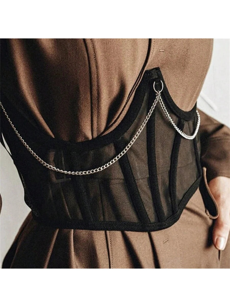 1pc Mesh Patchwork Chain Sexy Bustier Crop Top With Underwired Halter Tie Waist Camisole, Suitable For Party, Banquet, Nightclub In Springwomen Corset Belt Accessories For Ladies For Dress Goth Punk Chain Decor Black Belt Women Corset Belt For Dress,Waist