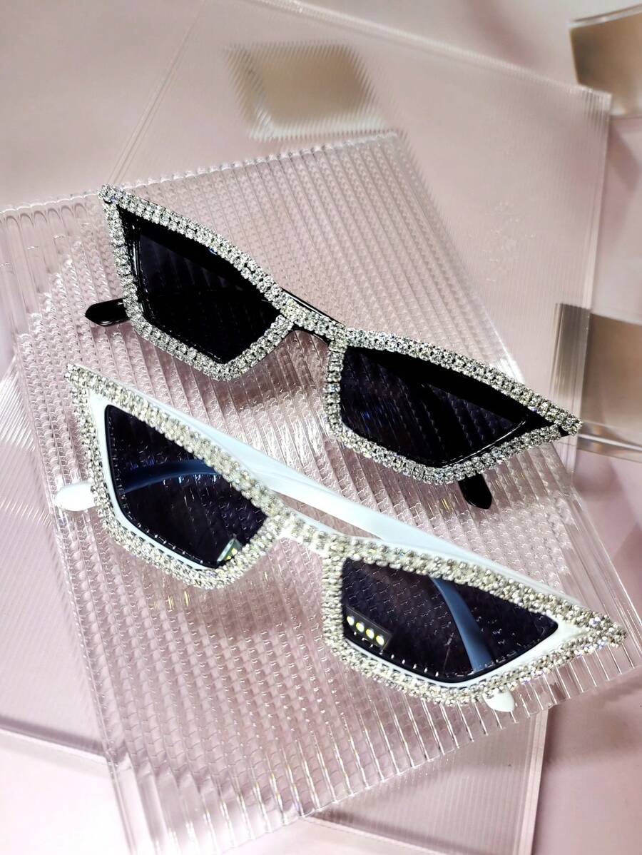 2pcs/Set Women's Crystal Embellished Pink Frame Y2K Luxury Party Catseye Glasses, Comes With Cleaning Cloth, For Beach, Party, Wedding; Also Available In Black & White Bridal Glasses Halloween Valentines For Summer Beach Vacation,Outd