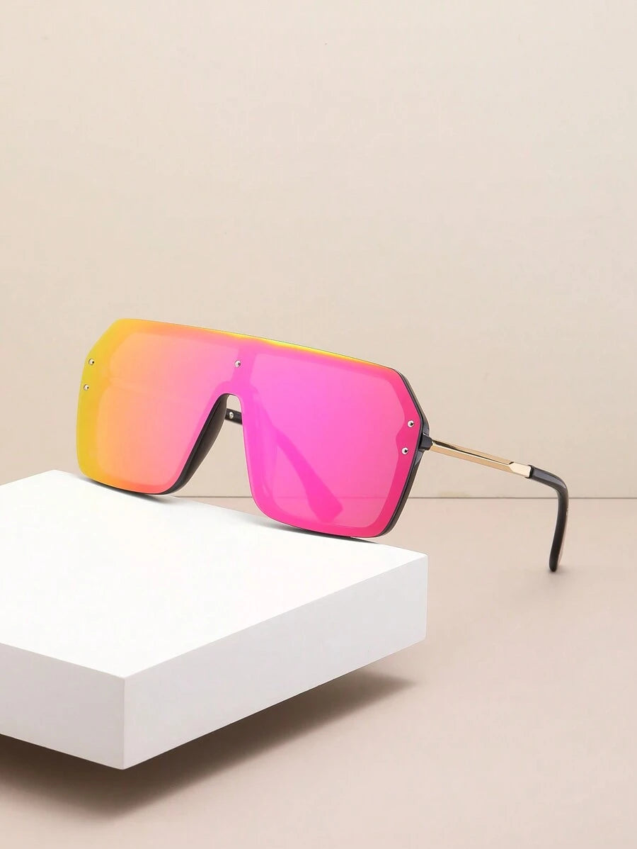 1pc New Style Unisex Ocean Large Frame With Double Rivets And One-Piece Blue Lens Fashion Glasses, Fashionable, And Personalized With Letter F, Suitable For Outdoor Cycling And Sports Street Beach Accessories Glasses Shades For Summer Beach Vacation,Outdo