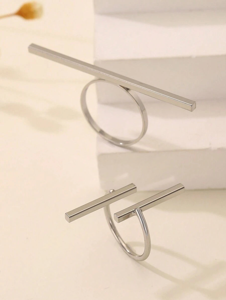 2pcs Fashionable Minimalist Geometric Line Decor Adjustable Open Ring, Suitable For Men And Women Daily Wear Jewelry Accessories