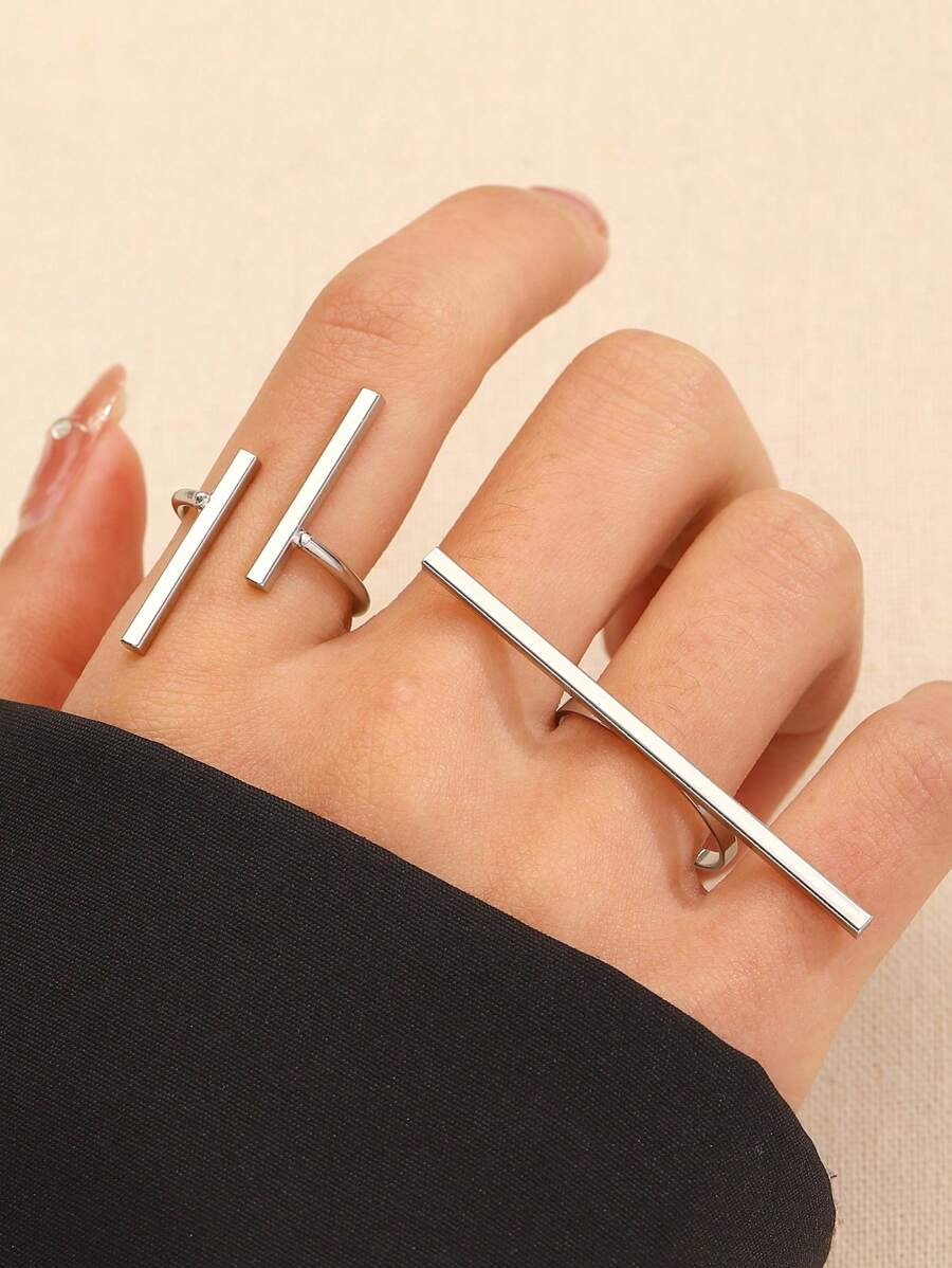 2pcs Fashionable Minimalist Geometric Line Decor Adjustable Open Ring, Suitable For Men And Women Daily Wear Jewelry Accessories