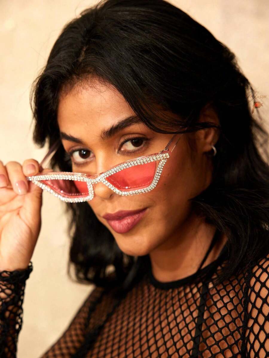 2pcs/Set Women's Crystal Embellished Pink Frame Y2K Luxury Party Catseye Glasses, Comes With Cleaning Cloth, For Beach, Party, Wedding; Also Available In Black & White Bridal Glasses Halloween Valentines For Summer Beach Vacation,Outd