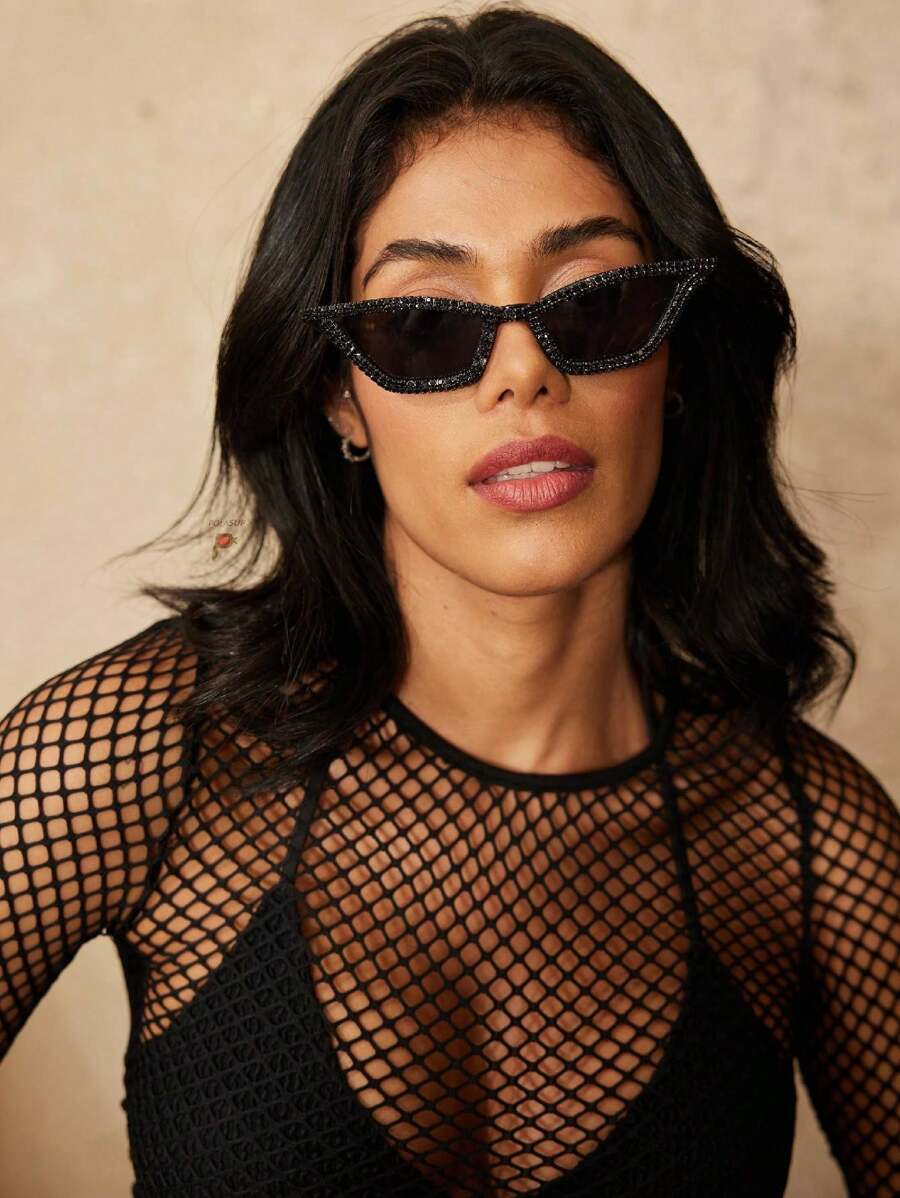 2pcs/Set Women's Crystal Embellished Pink Frame Y2K Luxury Party Catseye Glasses, Comes With Cleaning Cloth, For Beach, Party, Wedding; Also Available In Black & White Bridal Glasses Halloween Valentines For Summer Beach Vacation,Outd