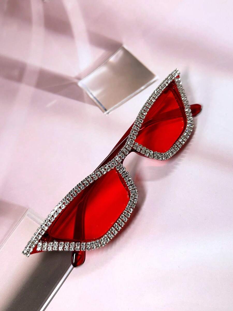 2pcs/Set Women's Crystal Embellished Pink Frame Y2K Luxury Party Catseye Glasses, Comes With Cleaning Cloth, For Beach, Party, Wedding; Also Available In Black & White Bridal Glasses Halloween Valentines For Summer Beach Vacation,Outd