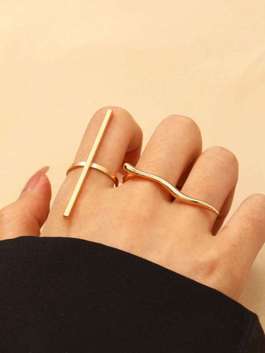 2pcs Fashionable Minimalist Geometric Line Decor Adjustable Open Ring, Suitable For Men And Women Daily Wear Jewelry Accessories