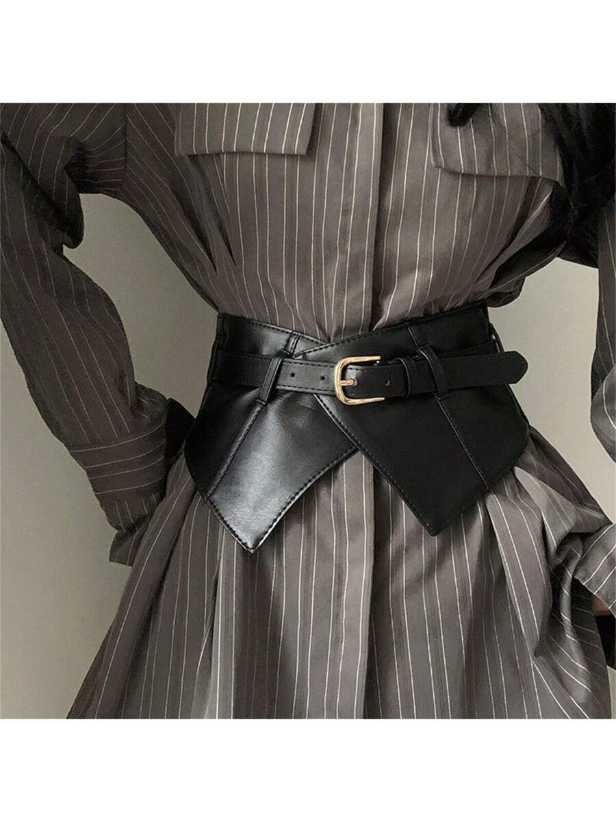 1pc Women Solid Color Casual Vintage Elegant PU Leather Belt, Suitable For Dress, Coat, Sweater, Versatile Elastic Waist Cincher, Black Summer, School Fall, Autumn, Halloween
