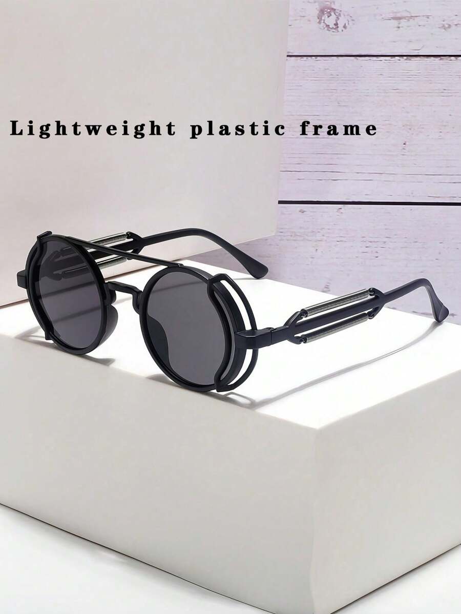 1pc Round Frame Punk Style Hollow Out Metal Frame Fashion Glasses, Retro Decorative Glasses Beach Accessories Glasses Shades For Summer Beach Vacation,Outdoor,Travel