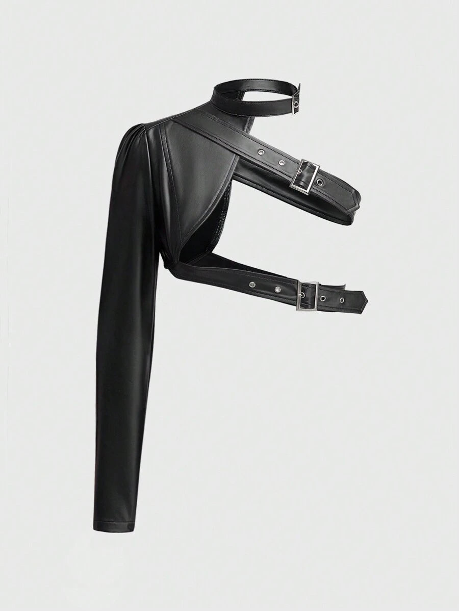 ROMWE Grunge Punk Women Short Asymmetric One Shoulder Adjustable Button Solid Color Faux Leather Jacket
