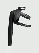 ROMWE Grunge Punk Women Short Asymmetric One Shoulder Adjustable Button Solid Color Faux Leather Jacket