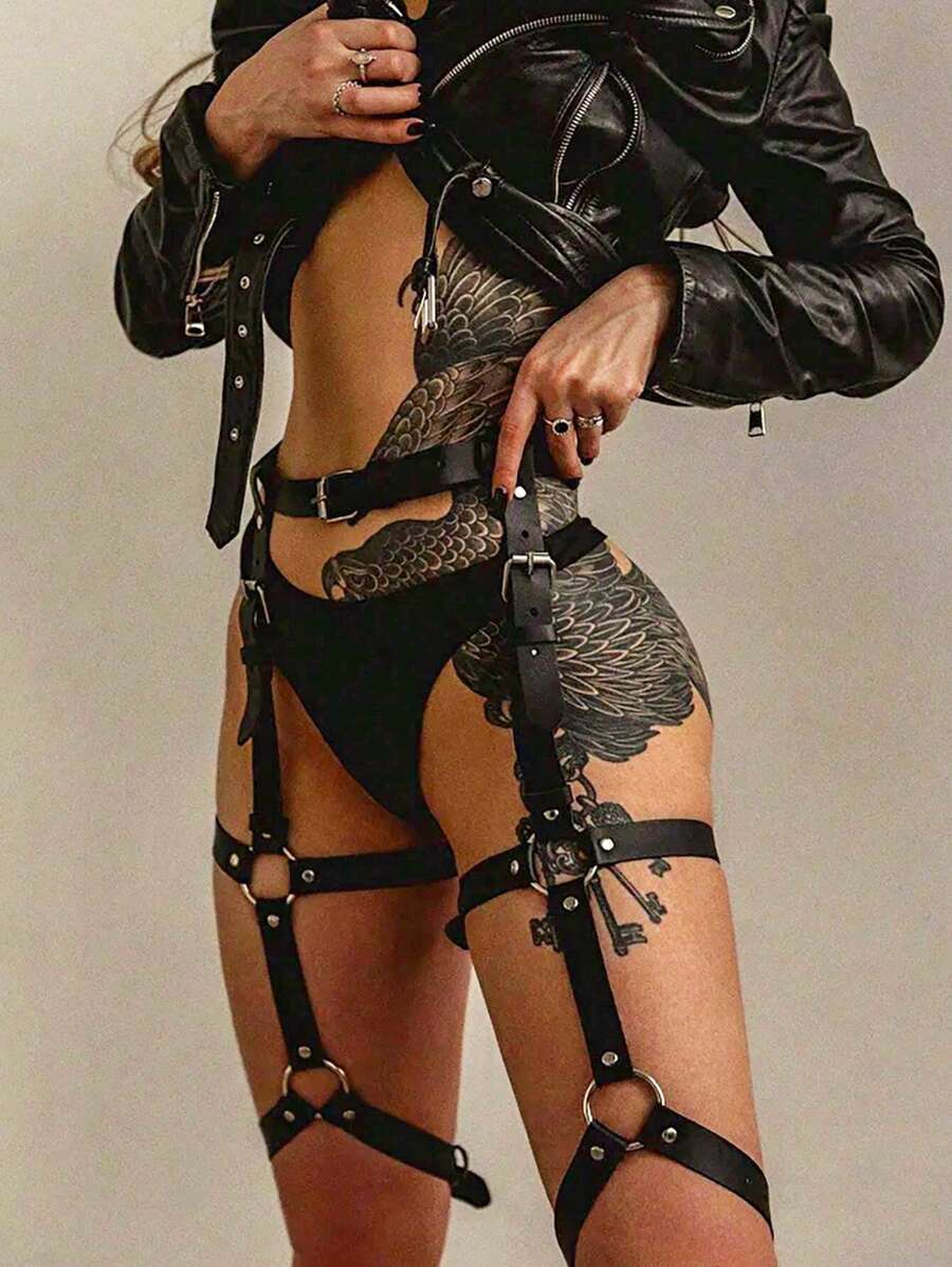 1pc Black Artificial Leather Harness Garter Belt, Fashion Body Bondage Strap Gothic Accessory For Daily Wear & Party