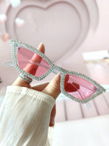 2pcs/Set Women's Crystal Embellished Pink Frame Y2K Luxury Party Catseye Glasses, Comes With Cleaning Cloth, For Beach, Party, Wedding; Also Available In Black & White Bridal Glasses Halloween Valentines For Summer Beach Vacation,Outd