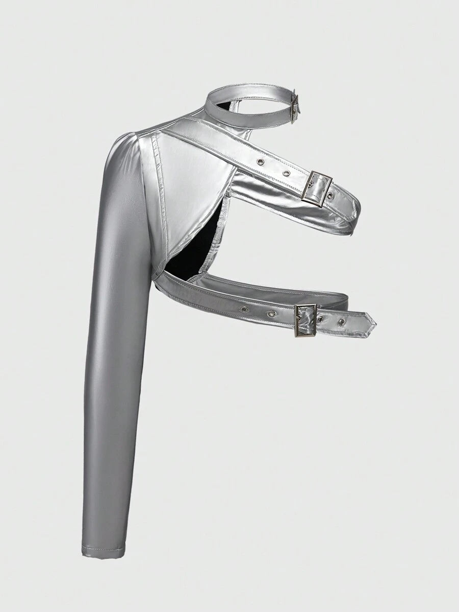 ROMWE Grunge Punk Women Short Asymmetric One Shoulder Adjustable Button Solid Color Faux Leather Jacket