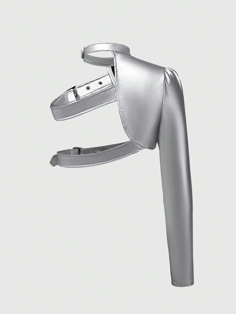 ROMWE Grunge Punk Women Short Asymmetric One Shoulder Adjustable Button Solid Color Faux Leather Jacket