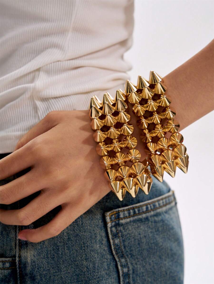 2pcs Punk Style Rivet Spikes Bracelet, Unisex Silver-Color Edgy Rivet Cuff Bracelet For Everyday, Party, Music Festival Wear