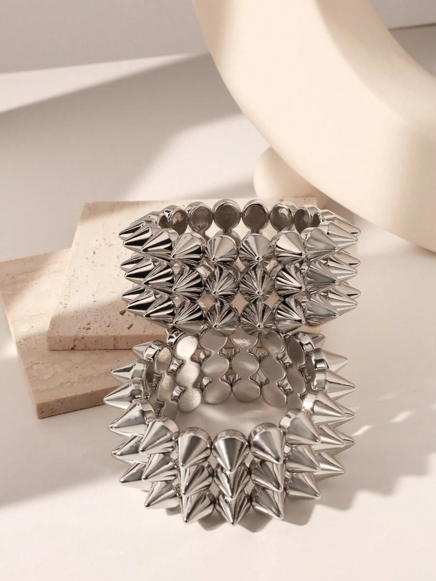 2pcs Punk Style Rivet Spikes Bracelet, Unisex Silver-Color Edgy Rivet Cuff Bracelet For Everyday, Party, Music Festival Wear