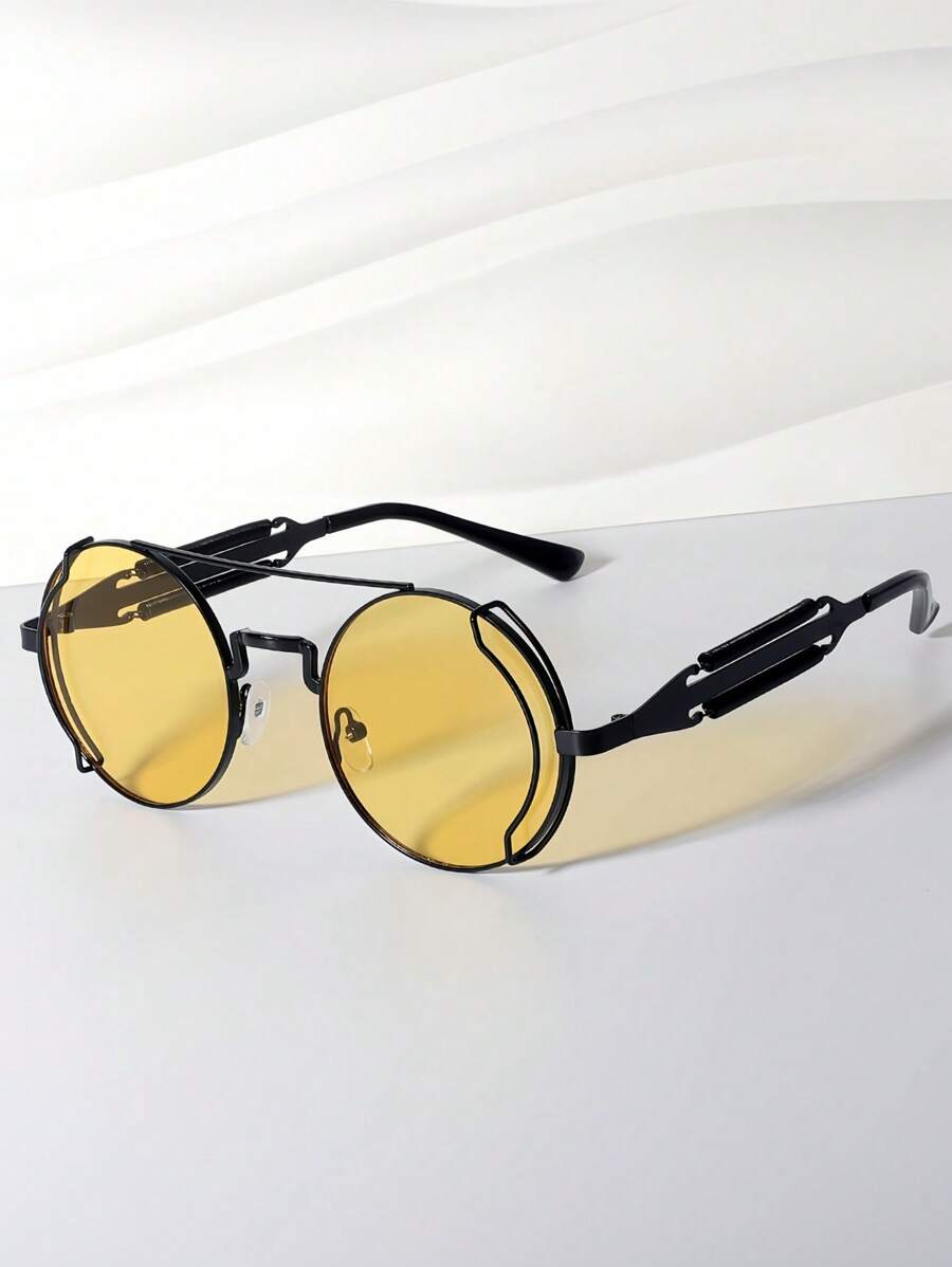 1pc Round Frame Punk Style Hollow Out Metal Frame Fashion Glasses, Retro Decorative Glasses Beach Accessories Glasses Shades For Summer Beach Vacation,Outdoor,Travel