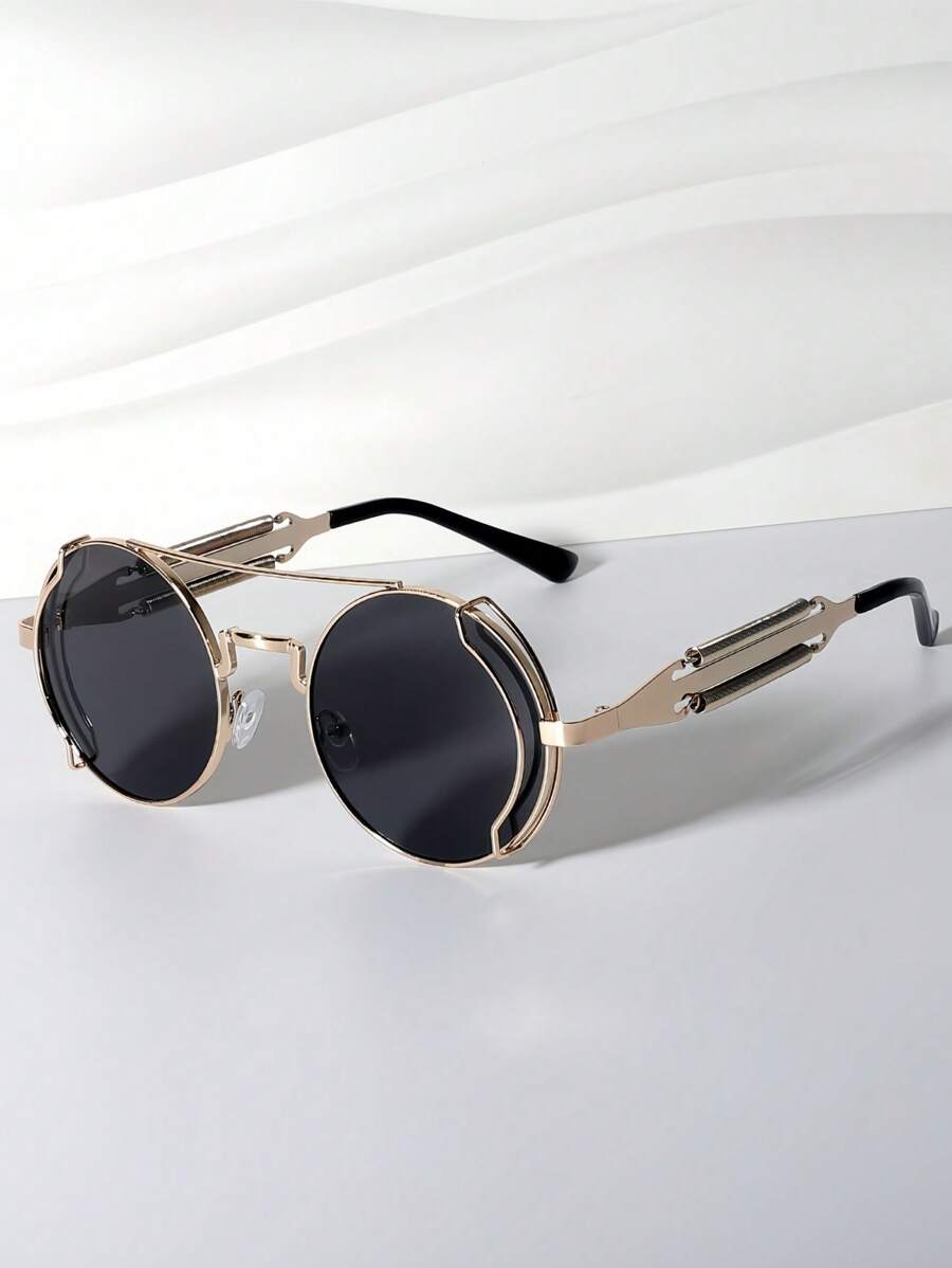 1pc Round Frame Punk Style Hollow Out Metal Frame Fashion Glasses, Retro Decorative Glasses Beach Accessories Glasses Shades For Summer Beach Vacation,Outdoor,Travel