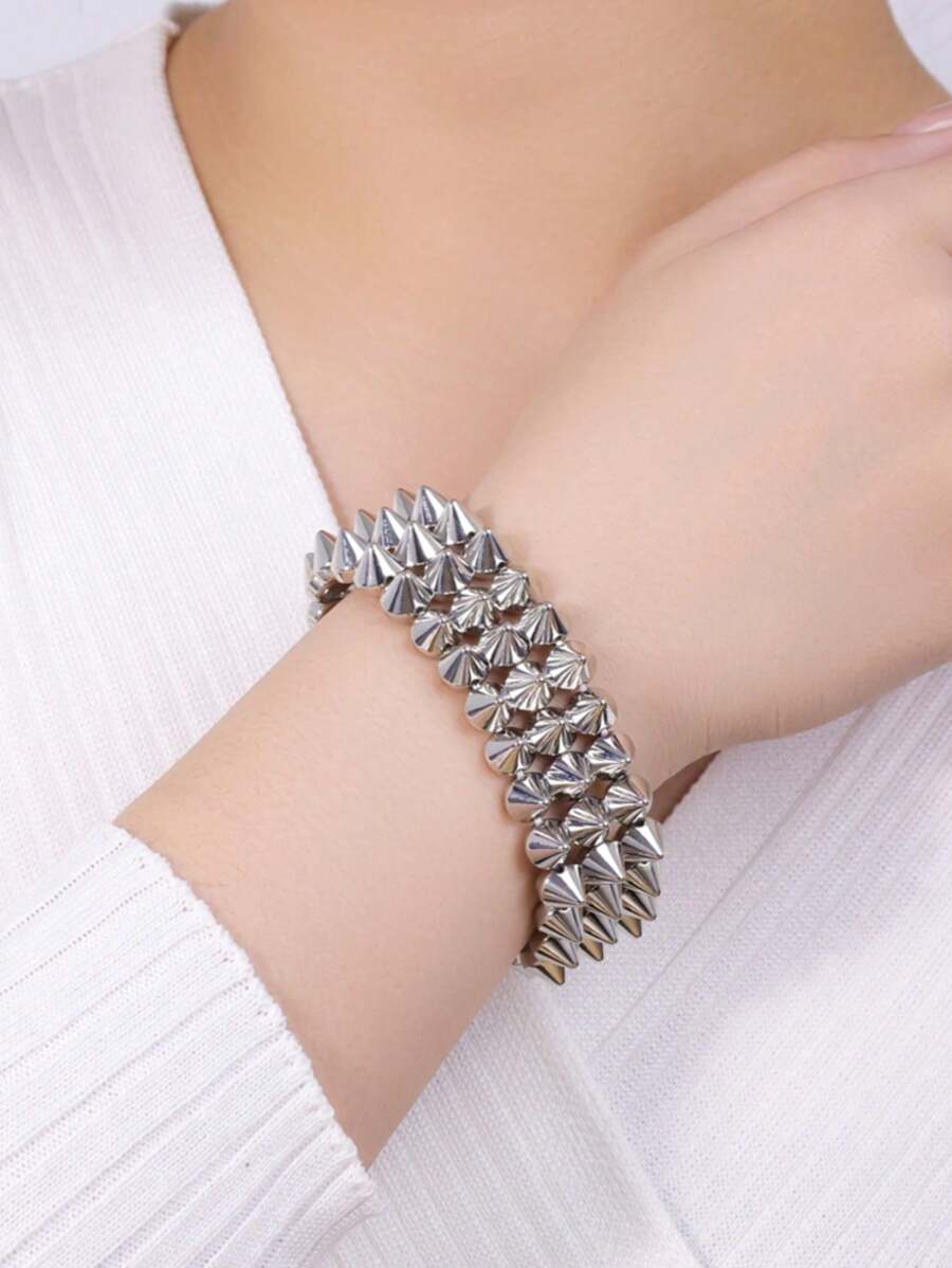 2pcs Punk Style Rivet Spikes Bracelet, Unisex Silver-Color Edgy Rivet Cuff Bracelet For Everyday, Party, Music Festival Wear