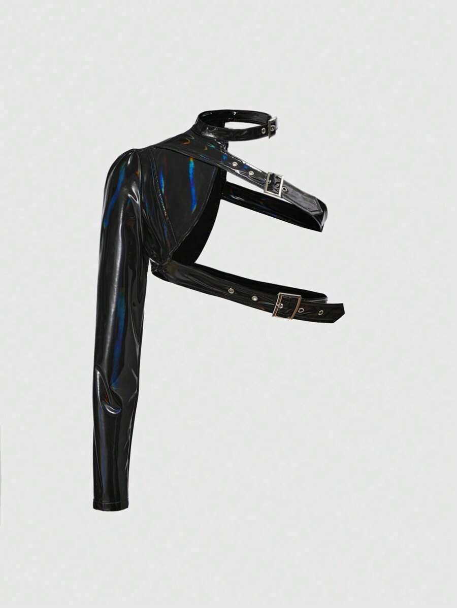 ROMWE Grunge Punk Women Short Asymmetric One Shoulder Adjustable Button Solid Color Faux Leather Jacket