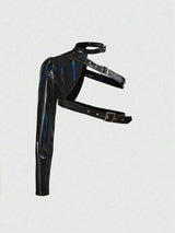 ROMWE Grunge Punk Women Short Asymmetric One Shoulder Adjustable Button Solid Color Faux Leather Jacket