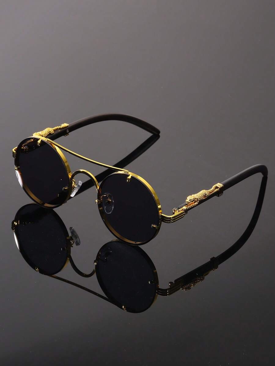 Augonstern 1 PC New Round Full Frame Metal Glasses With Leopard Decor, Minimalist & Elegant, Fashion Eyewear