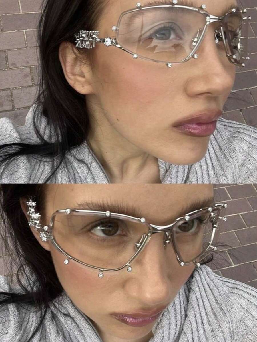 1PC Diamond Studded Silver Glasses, Elegant Rhinestone Futuristic Style, Y2K Fashion Style, Photography And Beach Accessories For Summer Beach Vacation,Outdoor,Travel