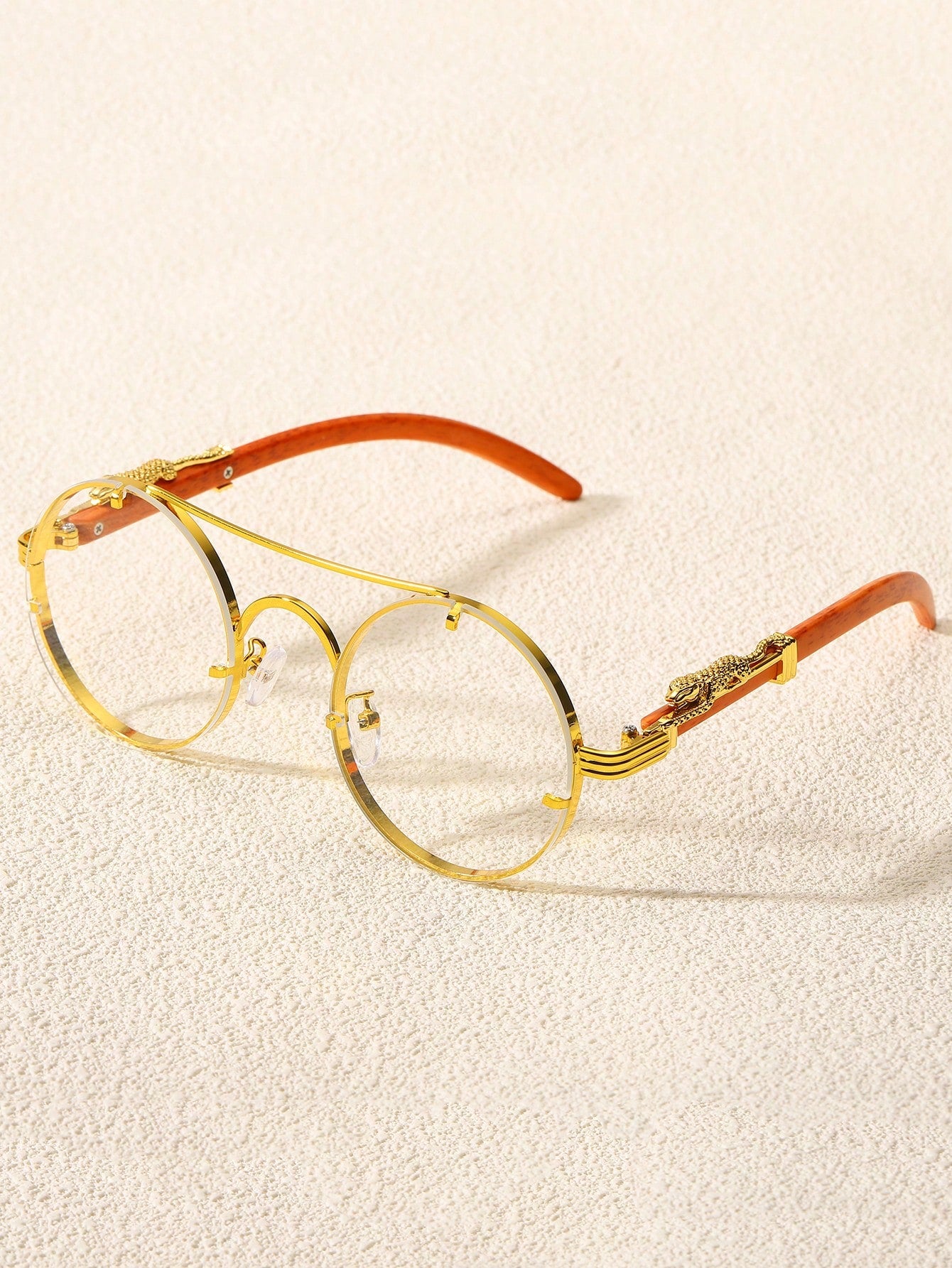 Augonstern 1 PC New Round Full Frame Metal Glasses With Leopard Decor, Minimalist & Elegant, Fashion Eyewear