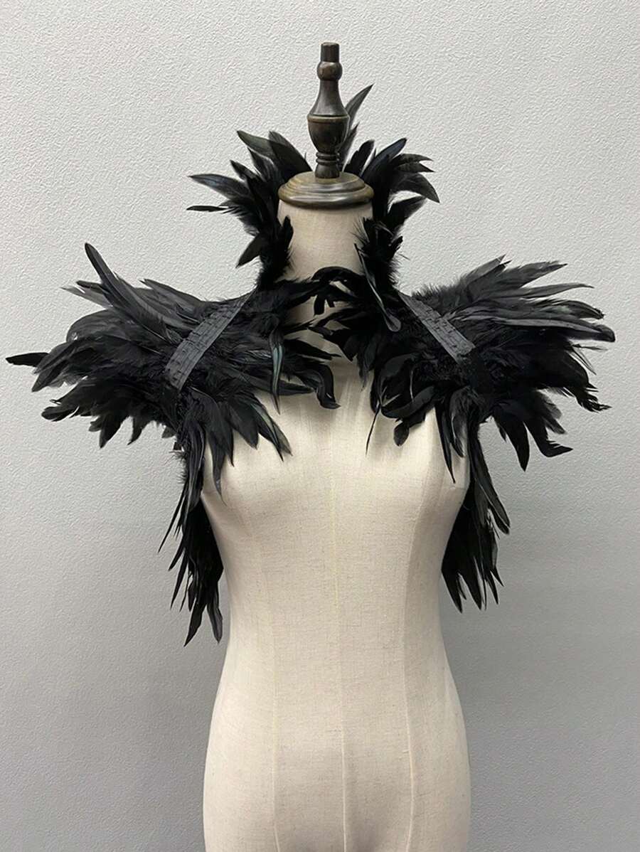 1pc Feather Shawl, Feather Cape Costume Shoulder Decorative Shawl For Halloween, Gothic Victorian Style Halloween, Carnival, Punk Party, Masquerade Ball, Gothic Feather Shawl For Halloween Party, Performance, Fashion Show, Feather Vest Fake Collar Scarf