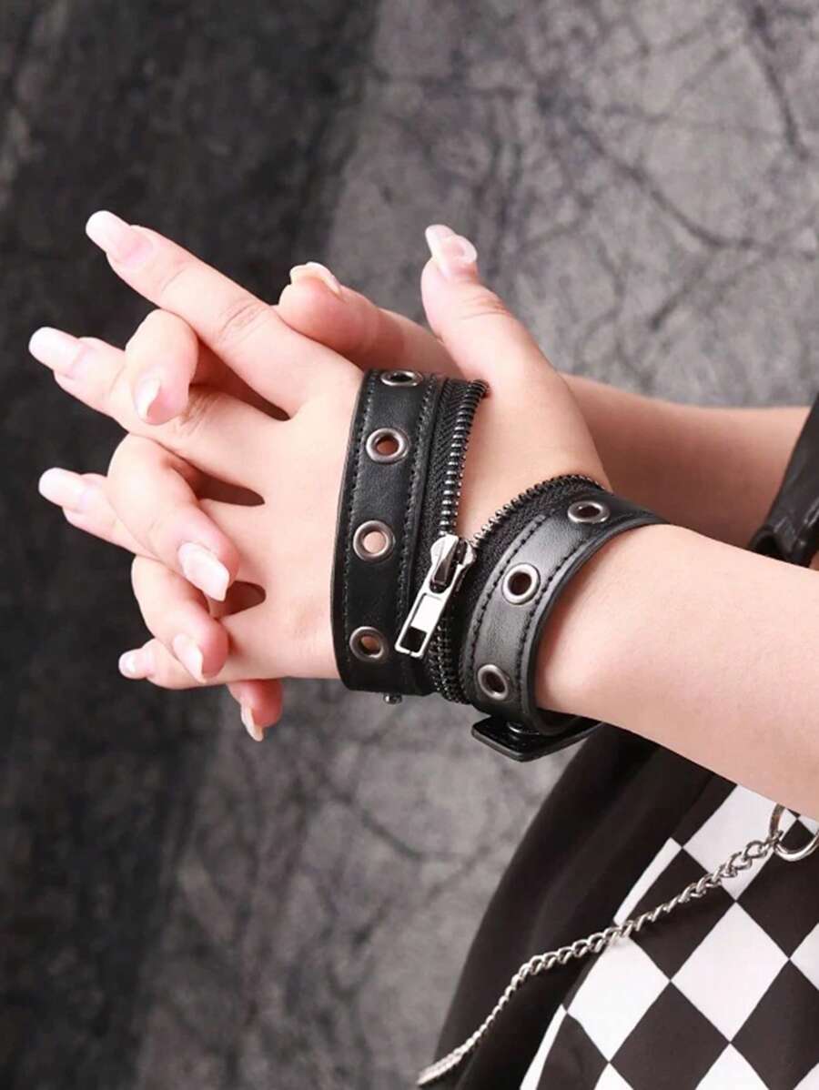 1 Pair Women Lolita Cyberpunk Goth Vintage Chain Fingerless Gloves, Motorcycle Punk Rivet Apocalypse Style Cuff Sleeve For Party, Performance, Daily Wear