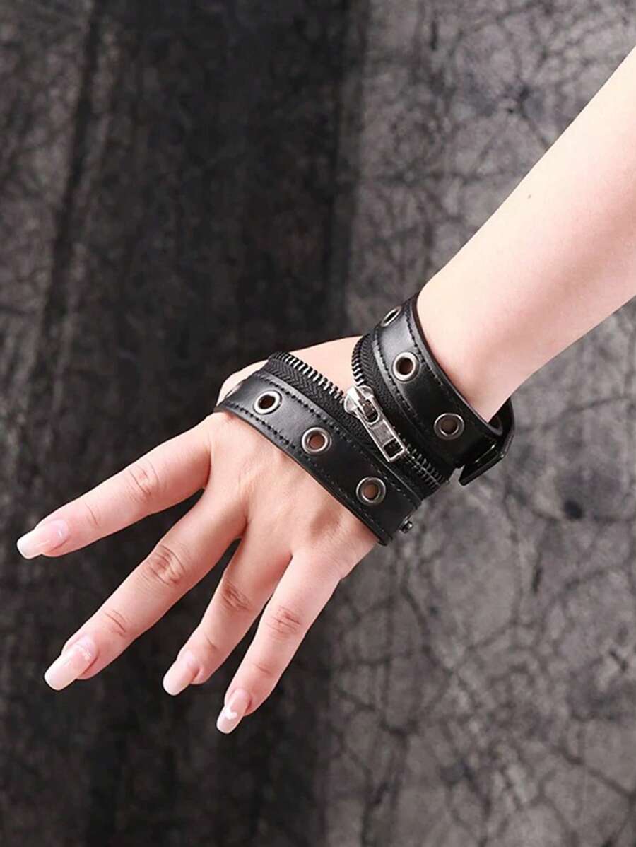 1 Pair Women Lolita Cyberpunk Goth Vintage Chain Fingerless Gloves, Motorcycle Punk Rivet Apocalypse Style Cuff Sleeve For Party, Performance, Daily Wear