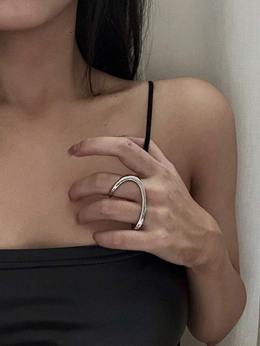 1pc Women Asymmetrical Hollow Geometric Metal Open-Top Double Finger Rings, Simple & Fashionable For Daily Wear