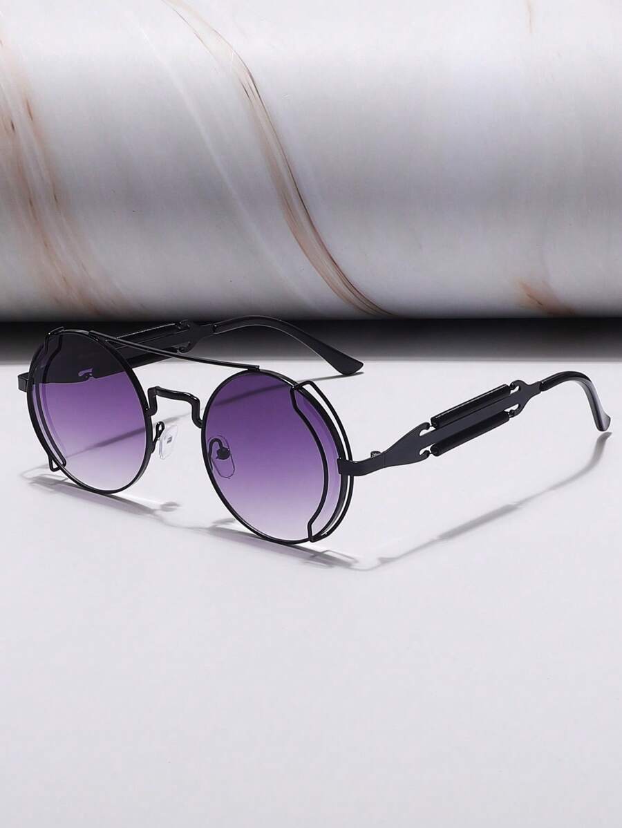 1pc Round Frame Punk Style Hollow Out Metal Frame Fashion Glasses, Retro Decorative Glasses Beach Accessories Glasses Shades For Summer Beach Vacation,Outdoor,Travel