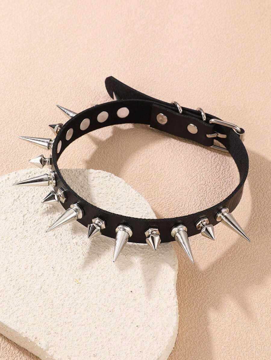 1pc Gothic Punk Rock Spiked Leather Necklace Choker