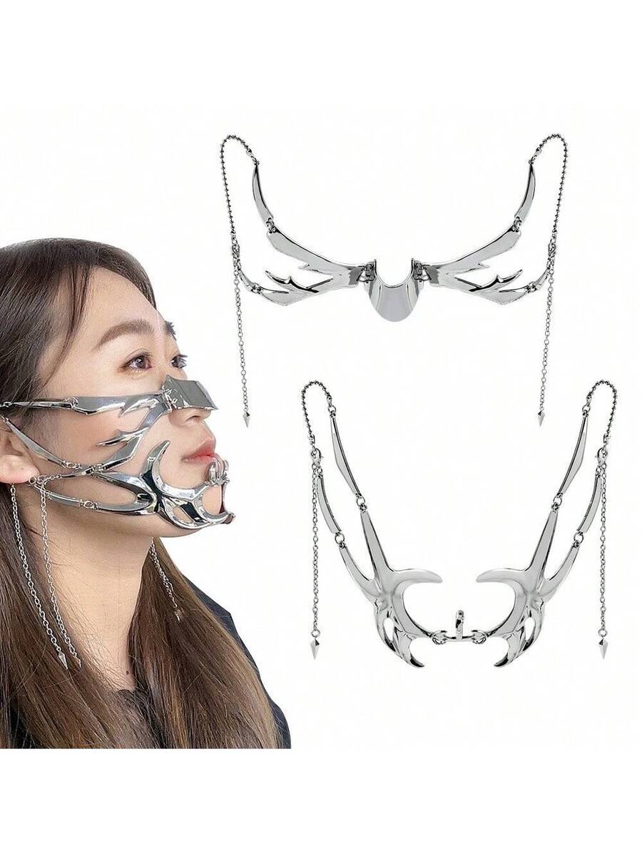 2 Pack Cyber Punk Mask, Half Gothic Style Mask, Punk Mask For Costume Role Play Party Decoration, Robot Rave Party Metal Asymmetrical Jewelry Face Chain Liquid Silver Steel Half Face Mask, Unisex Stylish Halloween Costume Party Accessories