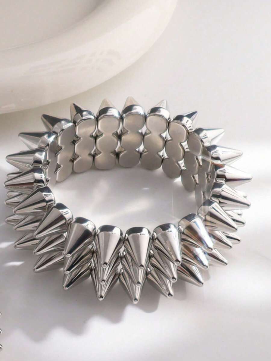 2pcs Punk Style Rivet Spikes Bracelet, Unisex Silver-Color Edgy Rivet Cuff Bracelet For Everyday, Party, Music Festival Wear