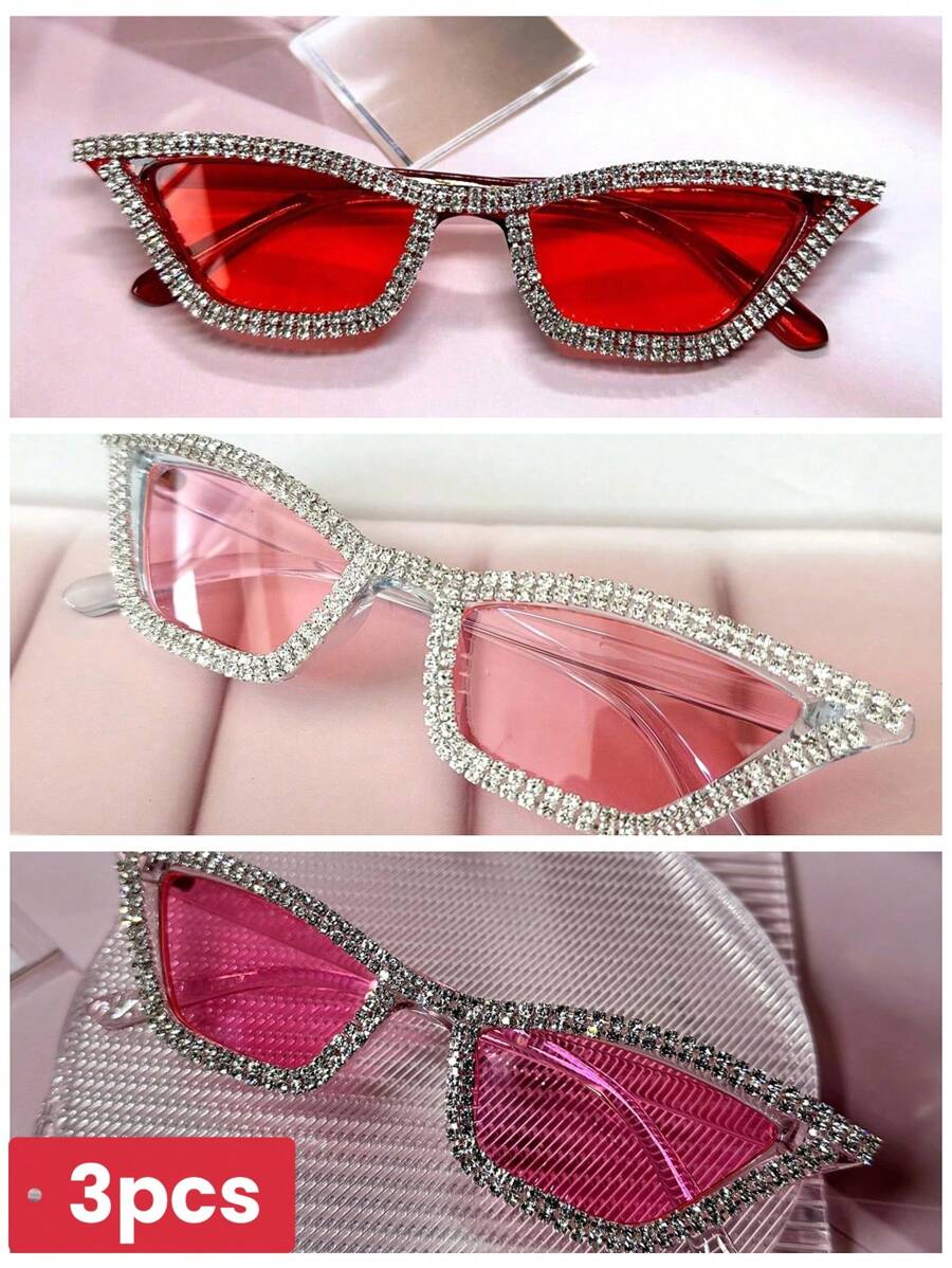 2pcs/Set Women's Crystal Embellished Pink Frame Y2K Luxury Party Catseye Glasses, Comes With Cleaning Cloth, For Beach, Party, Wedding; Also Available In Black & White Bridal Glasses Halloween Valentines For Summer Beach Vacation,Outd