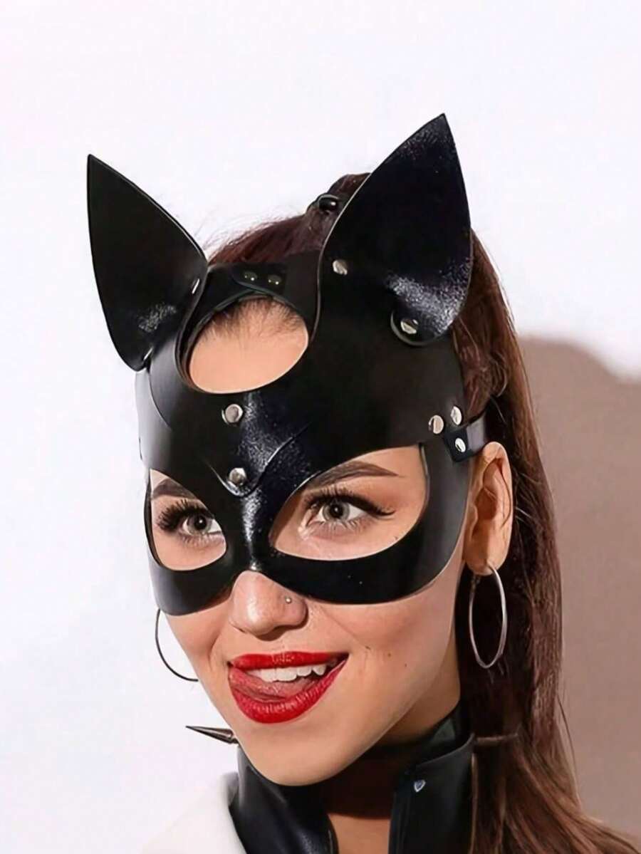 1pc Black Synthetic Leather Cat Mask With Ear Holes - Gothic Punk-Style Halloween Party, Carnival Ball And Adult Game Costume Accessories; Cat-Themed Mask; Bold And Fashionable Mask