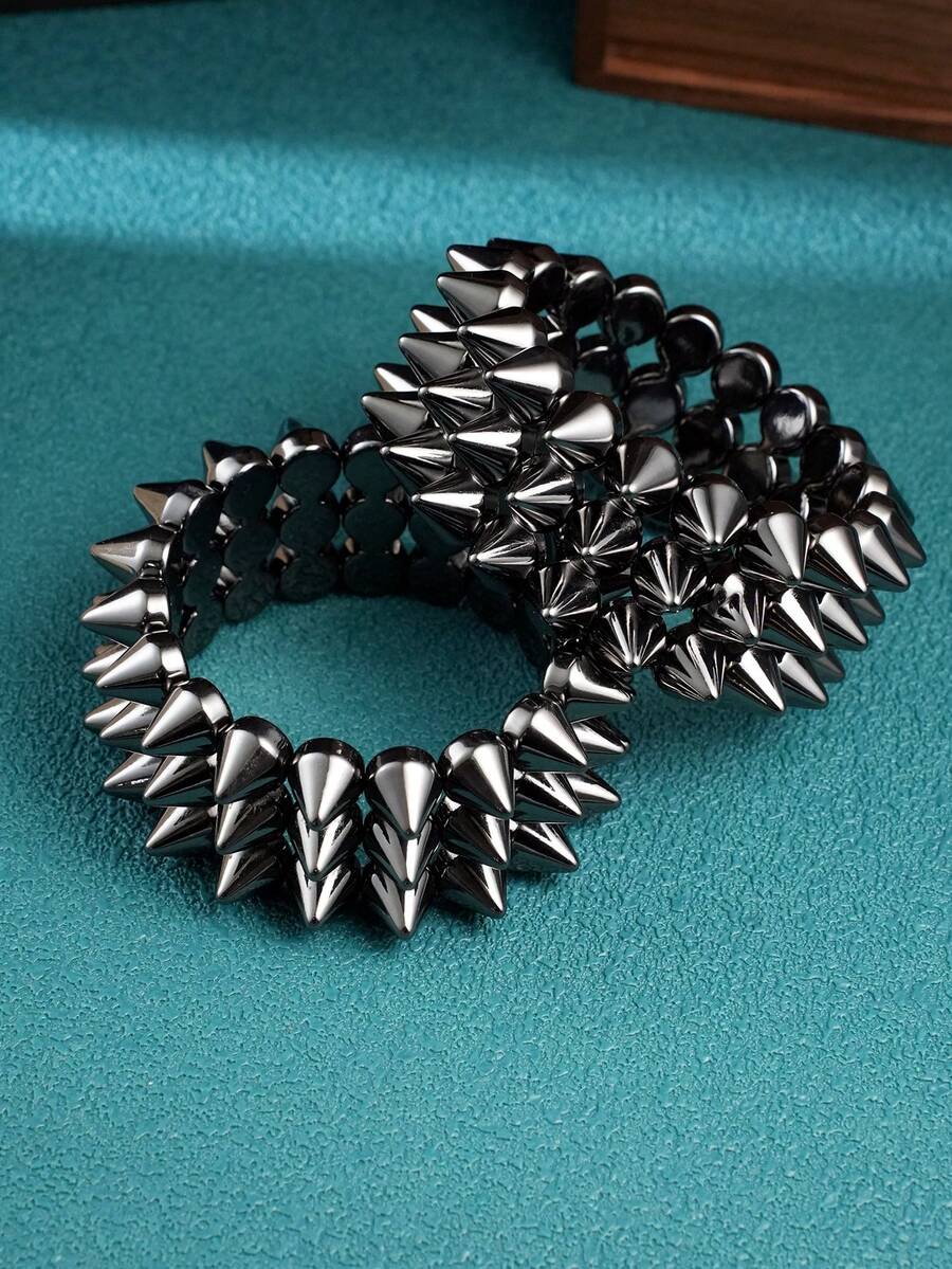 2pcs Punk Style Rivet Spikes Bracelet, Unisex Silver-Color Edgy Rivet Cuff Bracelet For Everyday, Party, Music Festival Wear