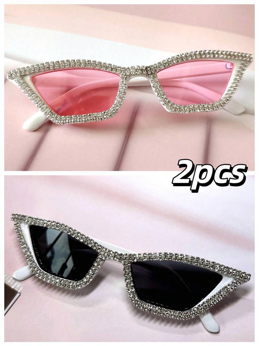 2pcs/Set Women's Crystal Embellished Pink Frame Y2K Luxury Party Catseye Glasses, Comes With Cleaning Cloth, For Beach, Party, Wedding; Also Available In Black & White Bridal Glasses Halloween Valentines For Summer Beach Vacation,Outd