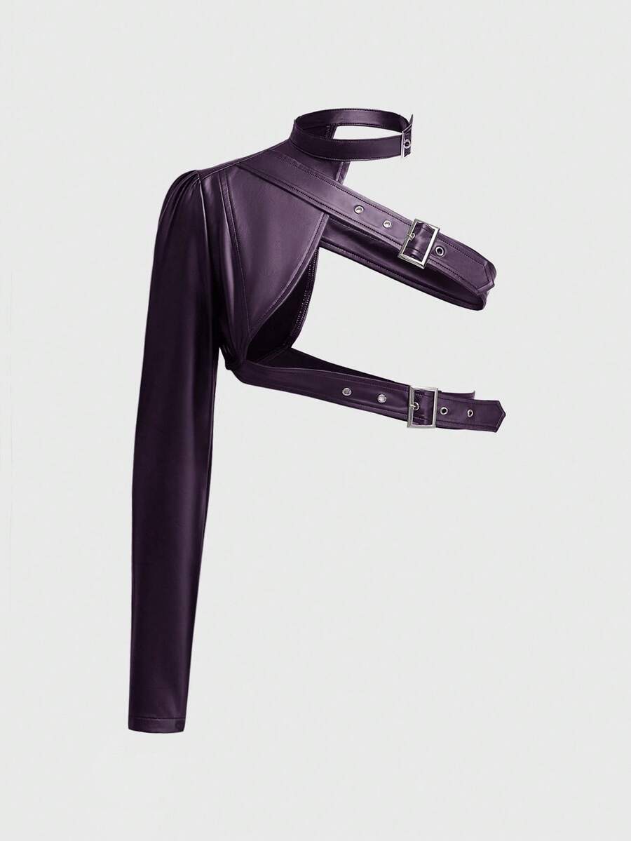 ROMWE Grunge Punk Women Short Asymmetric One Shoulder Adjustable Button Solid Color Faux Leather Jacket