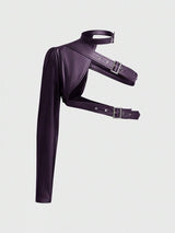 ROMWE Grunge Punk Women Short Asymmetric One Shoulder Adjustable Button Solid Color Faux Leather Jacket