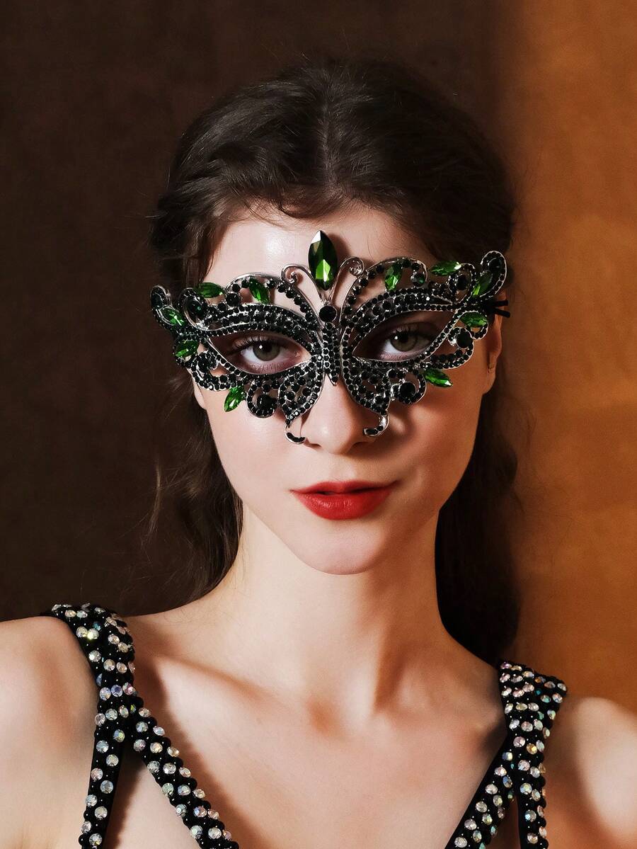 1pc Glass Rhinestone Butterfly Masquerade Mask, Unique Face Decor For Halloween