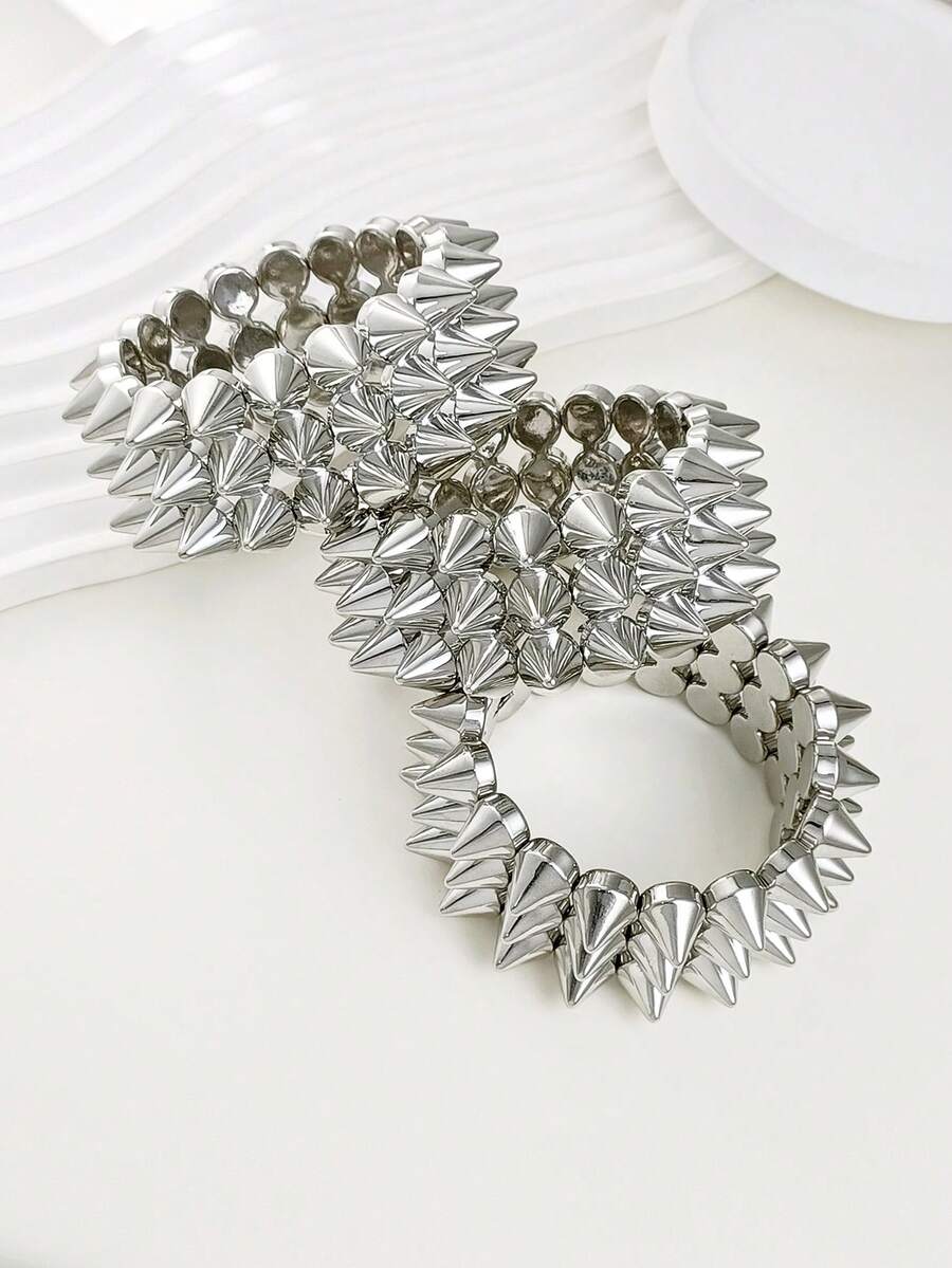 2pcs Punk Style Rivet Spikes Bracelet, Unisex Silver-Color Edgy Rivet Cuff Bracelet For Everyday, Party, Music Festival Wear