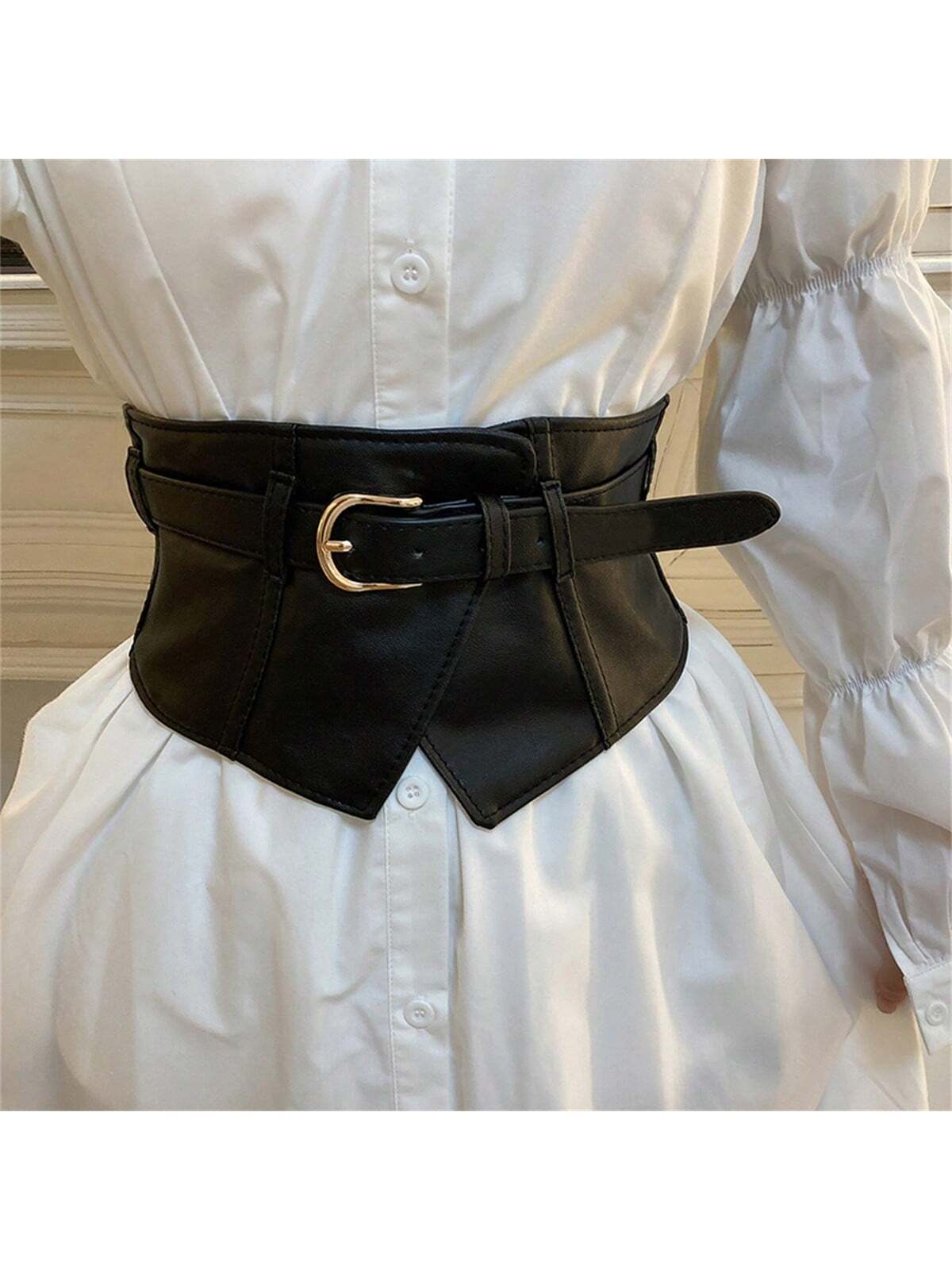 1pc Women Solid Color Casual Vintage Elegant PU Leather Belt, Suitable For Dress, Coat, Sweater, Versatile Elastic Waist Cincher, Black Summer, School Fall, Autumn, Halloween