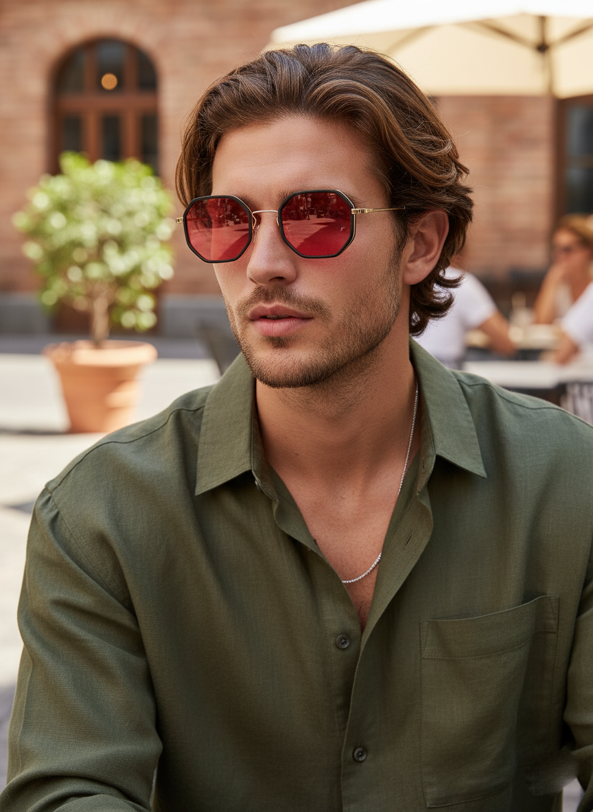 1 Pair Men's Coated Dual-Tone Metal Geometric Slim Frame Casual Fashion Glasses (Coated Lenses With Different Colors At Different Angles)