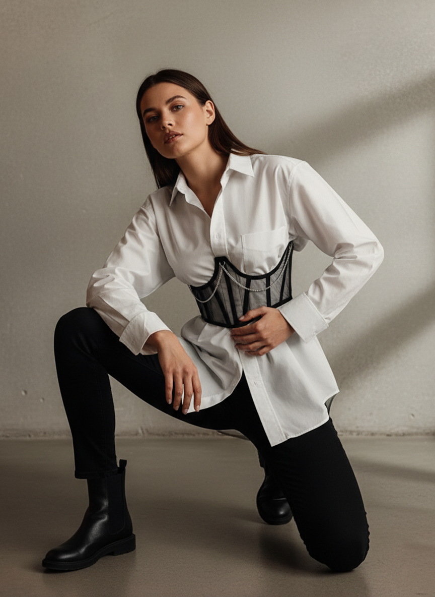 1pc Mesh Patchwork Chain Sexy Bustier Crop Top With Underwired Halter Tie Waist Camisole, Suitable For Party, Banquet, Nightclub In Springwomen Corset Belt Accessories For Ladies For Dress Goth Punk Chain Decor Black Belt Women Corset Belt For Dress,Waist